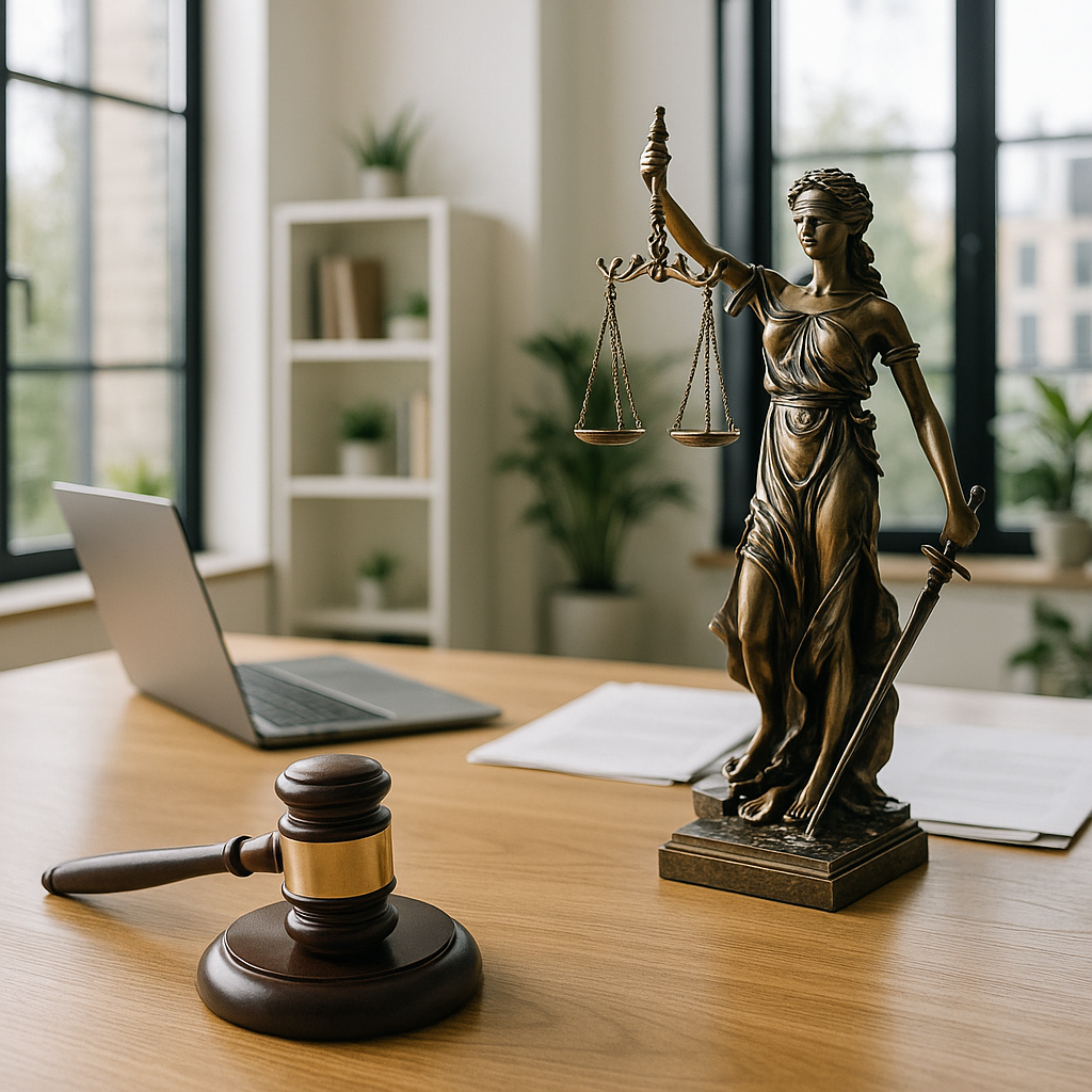 justicia Oficina de Justicia, con un portatil y un mazo de madera