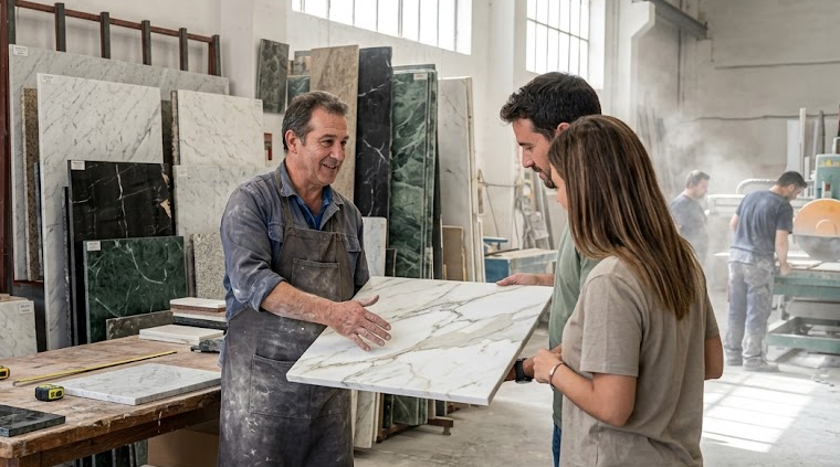 Marmolista mostrando sus marmoles