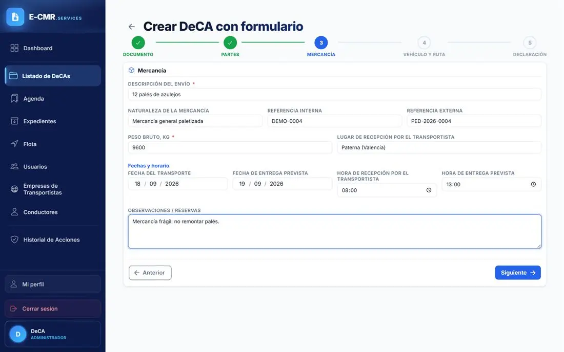 Formulario para generar un DeCA en E-CMR.services