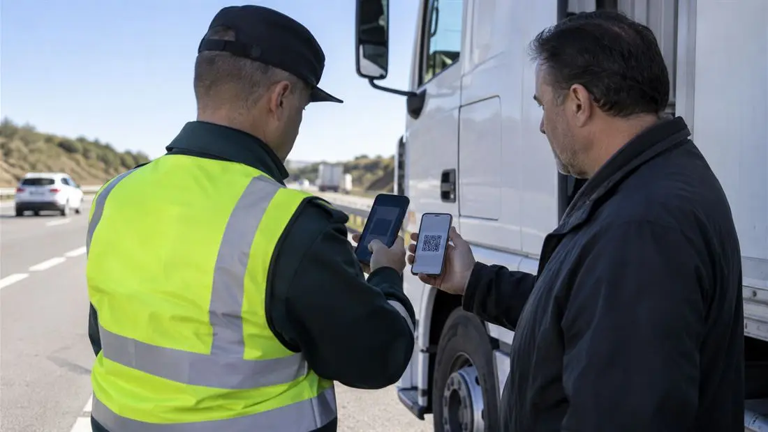 Inspección de transporte: el agente escanea con su móvil el código QR del DeCA que le muestra el conductor