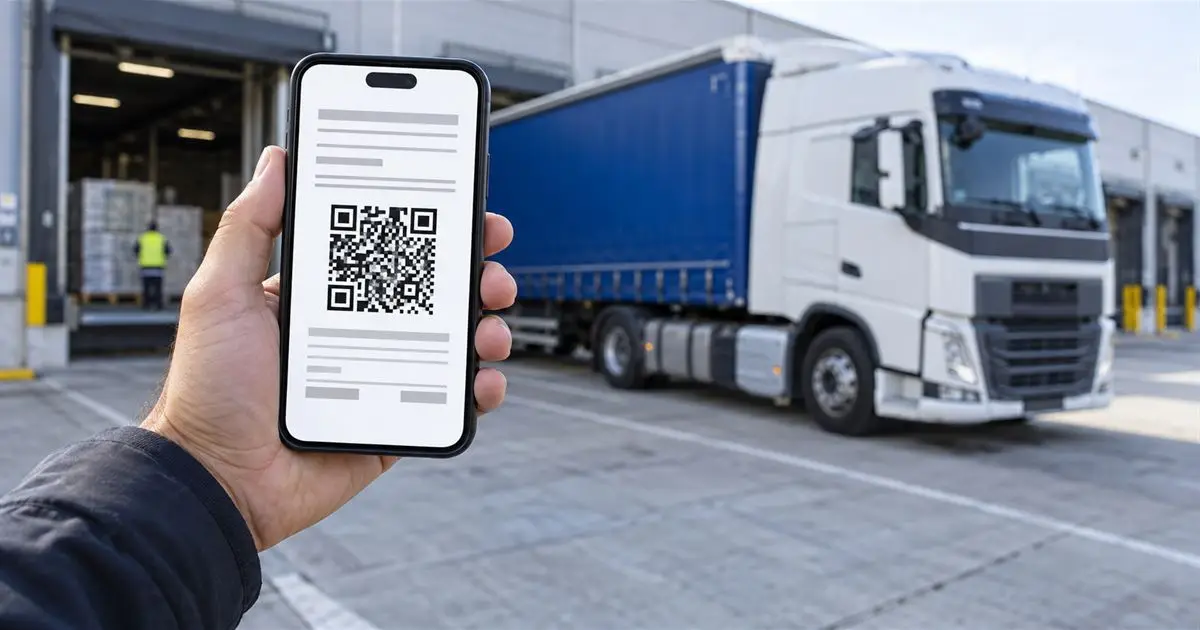 Móvil con un DeCA y su código QR frente a un camión de mercancías en un muelle de carga