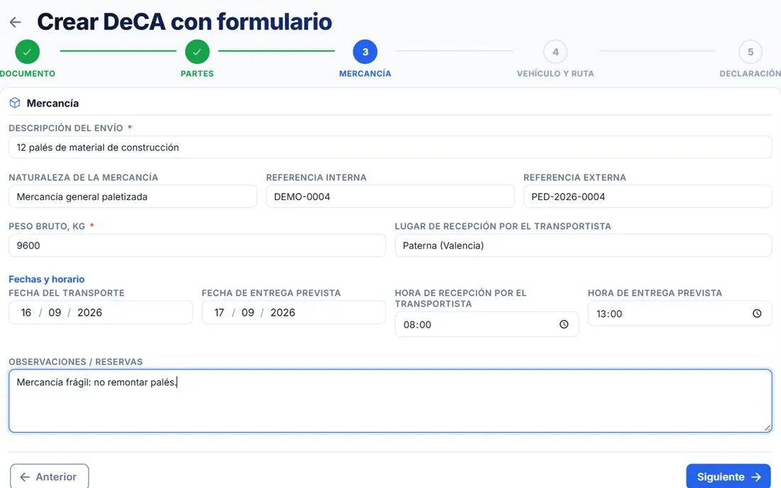 Formulario para crear un DeCA