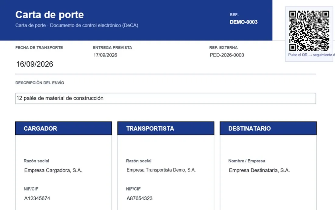 Carta de porte en PDF con código QR