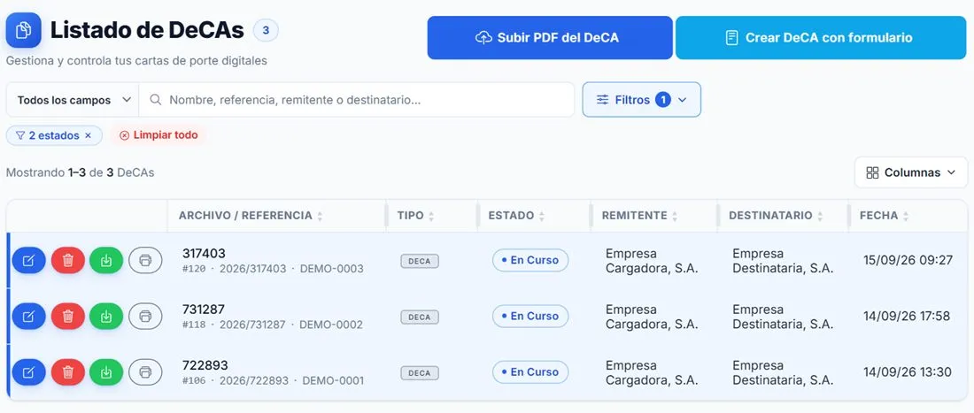 Listado de DeCAs en la oficina