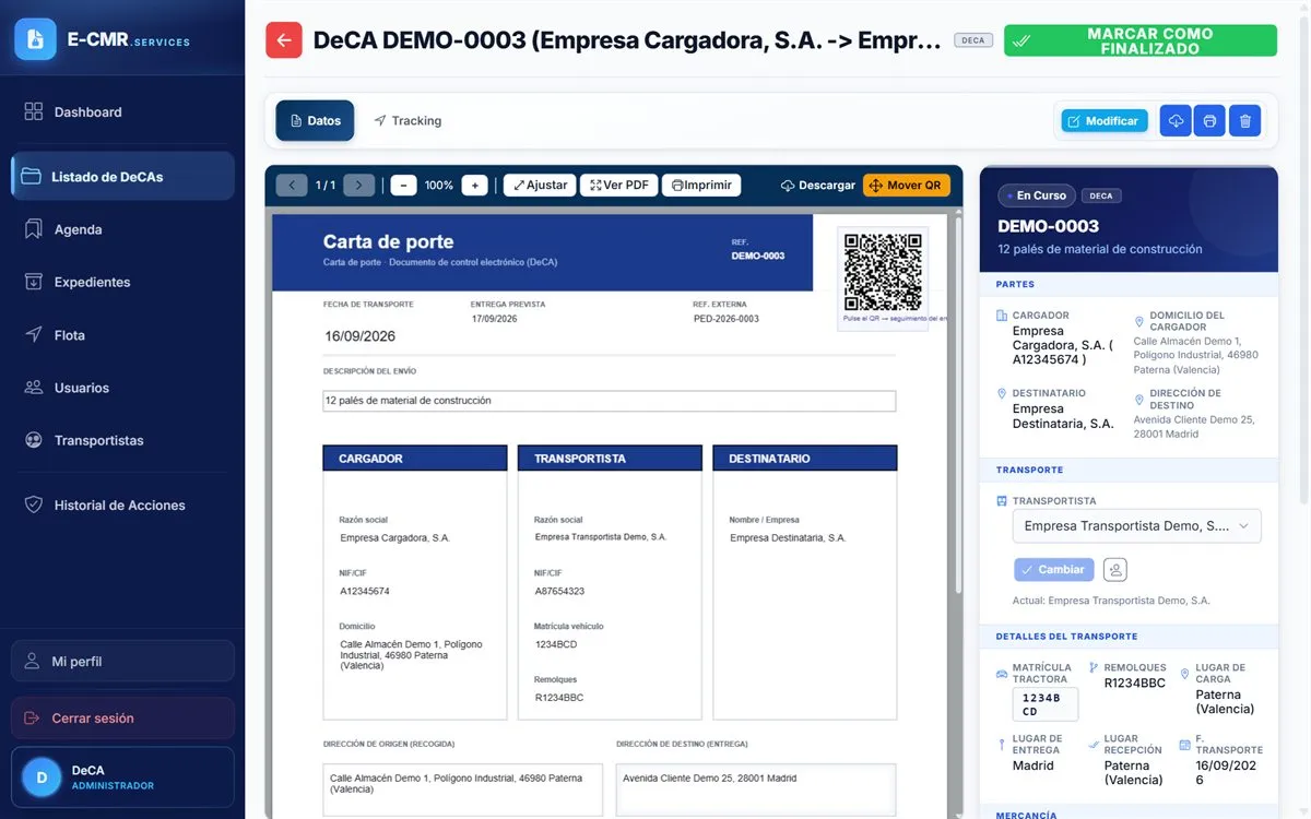 Panel de E-CMR.services con la ficha de un documento de control electrónico