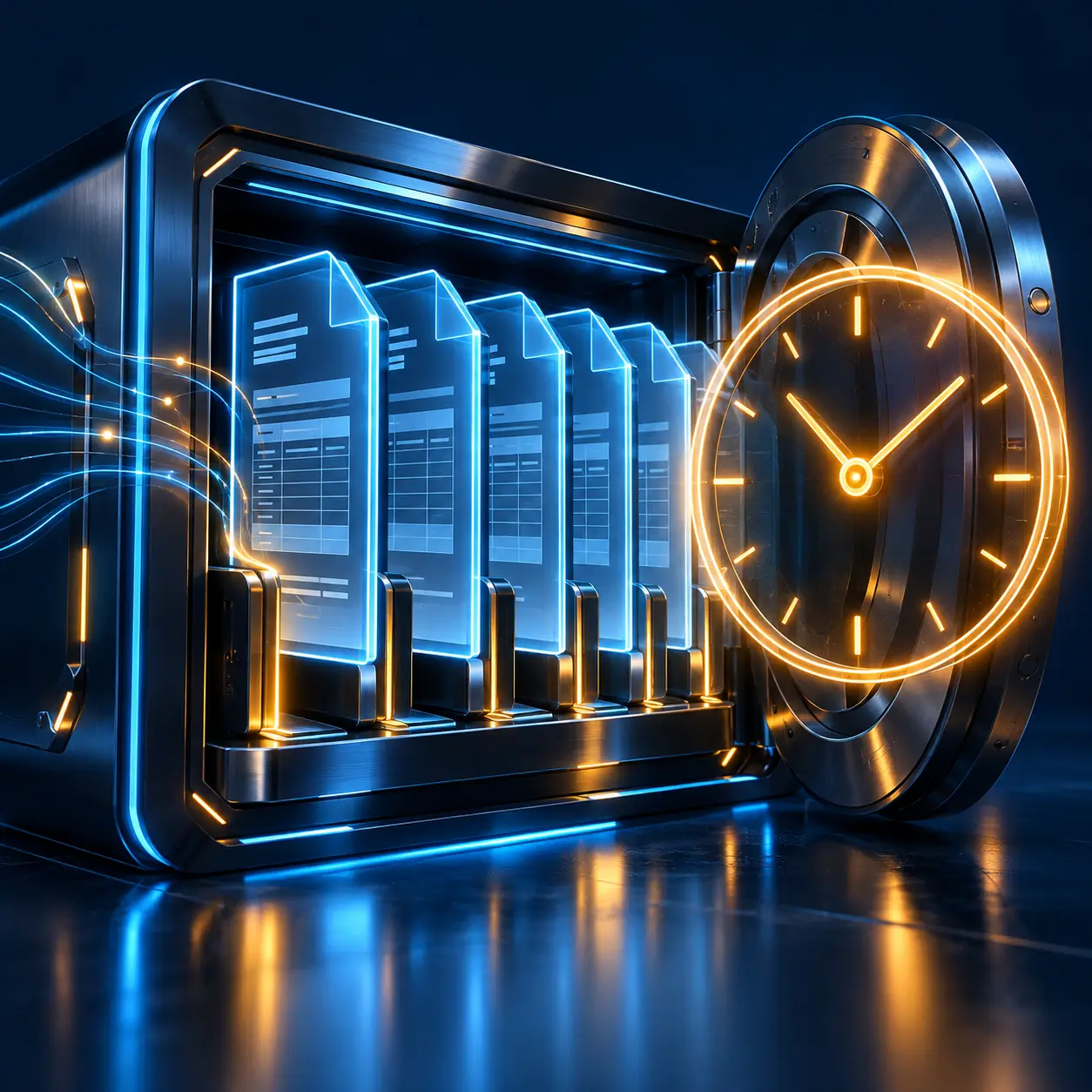 Caja fuerte digital con facturas guardadas y un reloj: conservación durante cuatro años