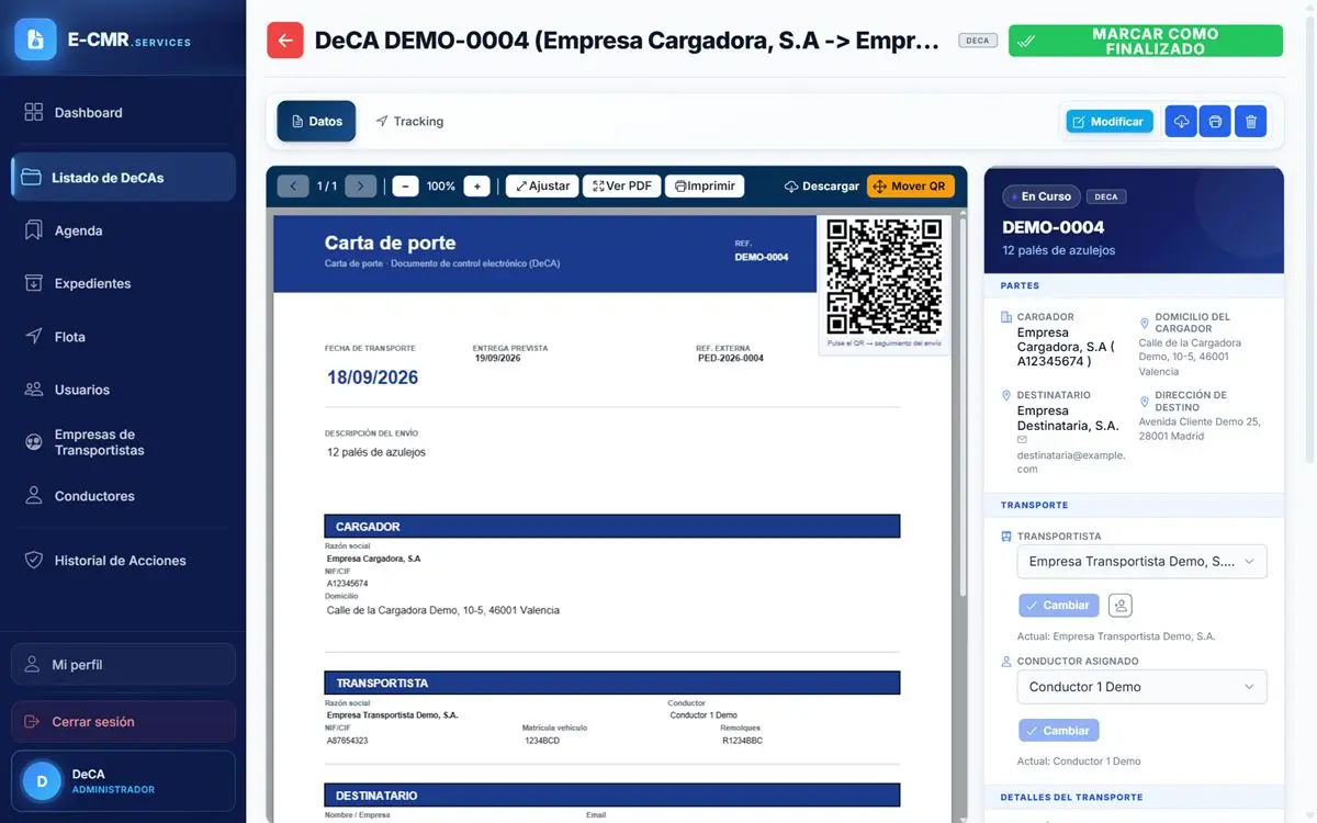 Ficha de un DeCA en el panel de E-CMR.services, con el PDF, el código QR y los datos del transporte