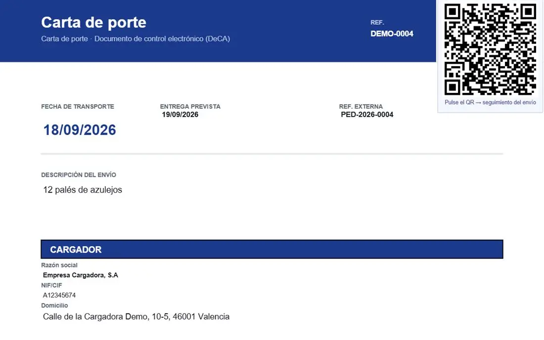 Ejemplo de DeCA: PDF del documento de control electrónico con su código QR